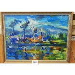 †J. Lawrence Isherwood: a later framed vintage oil on board in vibrant palette, depicting a stand of