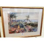 A gilt framed watercolour, depicting a scene with figures outside Torquay chapel with coast beyond