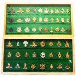 Two wooden display cases containing a large quantity of military cap badges including Duke of