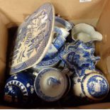A box containing a quantity of blue and white china including Copeland Spode Italian, pearlware