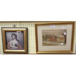 A gilt framed reproduction small format coloured print, depicting a classical female - sold with a