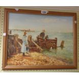 Sheila Morley: a modern framed oil on board, depicting children beside a breakwater - signed