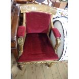 An old giltwood framed salon open armchair chair with acanthus scroll and incised decoration with