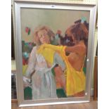 A large framed modern oil on canvas, depicting two scantily clad females having an altercation -