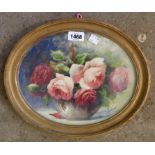 Madeleine Renaud: a small oval gilt framed watercolour still life with bowl of roses - signed