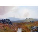 Reginald Daniel Sherrin: a framed watercolour, depicting an extensive Dartmoor landscape with stream