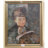 L. Higgins: a gilt framed oil on canvas palette knife painting, portrait of a woman reading a book -