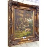 An ornate gilt framed reproduction oil on panel, depicting sheep grazing in a woodland