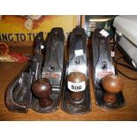 Three old Stanley Bailey wood working planes comprising 2 x No4 & No5 - sold with a Stanley No78
