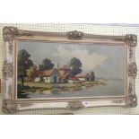 A vintage framed oil on canvas, depicting a panoramic view with lakeside buildings - indistinctly