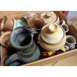 A box containing a quantity of studio and other pottery including Fishley Holland, John Stuart,