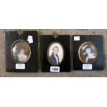 Three ebonised papier mache framed portrait miniatures comprising a gentleman on card - inscribed to