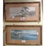 A pair of small gilded simulated bamboo framed Japanese watercolours, one depicting a view towards