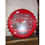 A modern printed tin 'Harley Davidson' sign of bottle top form