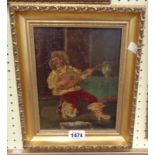 A small gilt framed 19th Century oil on canvas, depicting a troubadour