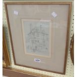 A framed pencil drawing, depicting a Paris street scene - titled to the top and dated March 28th '