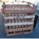 Five vintage wooden apple crates with stencilled markings for R. Foss & Sons