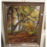 Sheila Morley: a modern framed oil on board, depicting huntsmen and hounds on a woodland track -