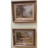 A pair of gilt framed decorative coloured prints, both depicting country scenes