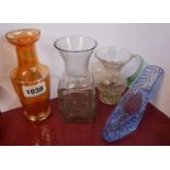 A small quantity of decorative glassware comprising Dartington Greek key pattern vase, crackle glass