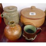 A small selection of studio pottery items including Leach Pottery St. Ives standard ware