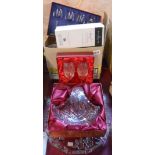 A quantity of assorted glassware comprising boxed Royal Doulton crystal basket, pair of boxed