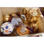 A box containing a quantity of ceramic and glass items comprising German gold lustre coffee set,