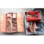 A vintage red painted tool box containing a quantity of drill chucks, etc. - sold with a crate