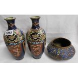 A pair of 19th Century cloisonne vases - sold with a copper vase with jewelled enamel decoration -