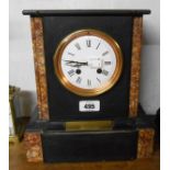 A late Victorian black slate and marble cased mantel clock with Japy Freres eight day bell