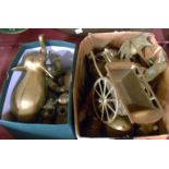 Two boxes containing a large quantity of assorted brassware including trench art miniature coal