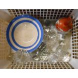 A basket containing a quantity of decanter stoppers, glass handles, T.G. Green Cornishware cereal