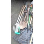 A quantity of assorted garden tools including rakes, spades, etc.