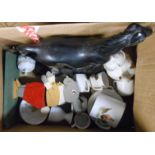 A box containing a quantity of ceramic and other items including vintage painted wood rabbit