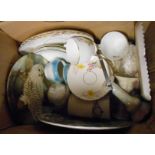 A box containing a quantity of assorted ceramics including part tea set, part dressing table set,