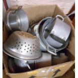 Two boxes containing a large quantity of vintage aluminium kitchenware including colanders,