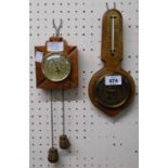 A small oak framed wall barometer/thermometer - sold with rustic wood framed thermometer with faux