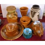 Eight pieces of Lamorna pottery (Cornwall) including tortoise figurine, vases, etc.