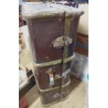 A 93cm vintage wooden bound travelling trunk with canvas weather coating - 1 handle missing