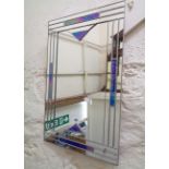 A decorative oblong wall mirror in the Art Deco style with leaded plate and stained geometric