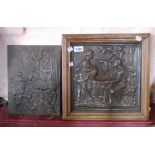 A decorative Victorian cast iron panel depicting figures around a well in a classical landscape with