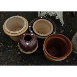 A selection of assorted garden pots including glazed and terracotta examples