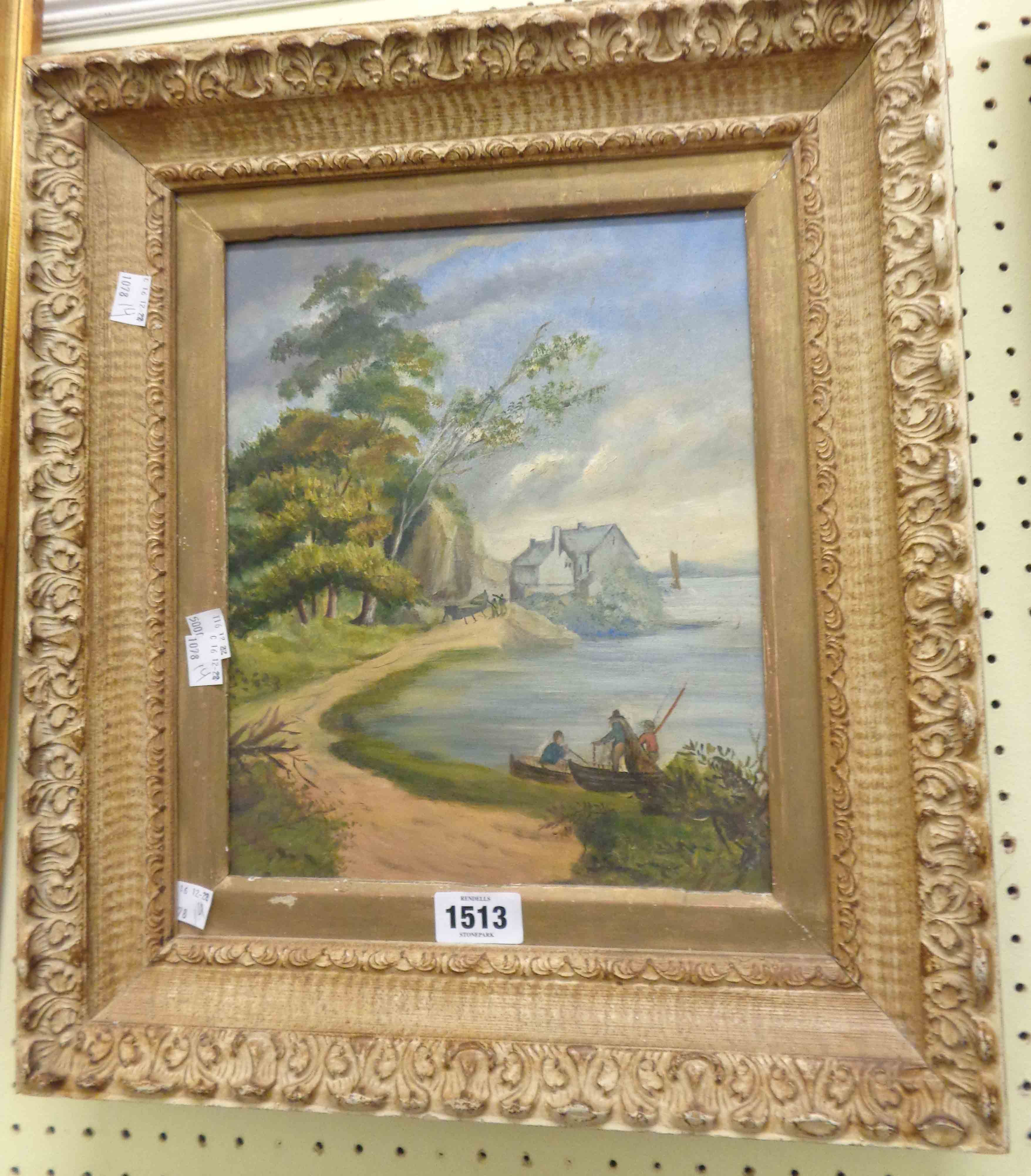 A decorative framed oil on board, depicting a waterside scene with figures in boats and building