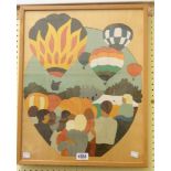 A framed brightly coloured view of a balloon fest created using hand coloured jigsaw pieces
