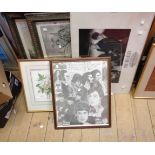 A selection of framed prints including The Beatles and pair of monochrome river landscapes, etc.