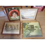 Cecil Alden, portrait and harp prints Cecil Alden: an oak framed coloured print entitled 'For What