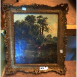 An antique gilt gesso framed oil on canvas depicting cattle watering in a woodland landscape