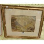 A gilt framed 19th Century watercolour, depicting a river mountain landscape - faded