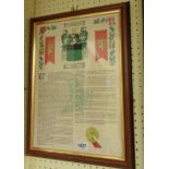A framed coloured print entitled 'The Ancient Arms of Bovey' with central armourial, text and seal