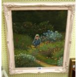 Harris: a painted framed oil on canvas, depicting a young girl carrying a basket in a Summer